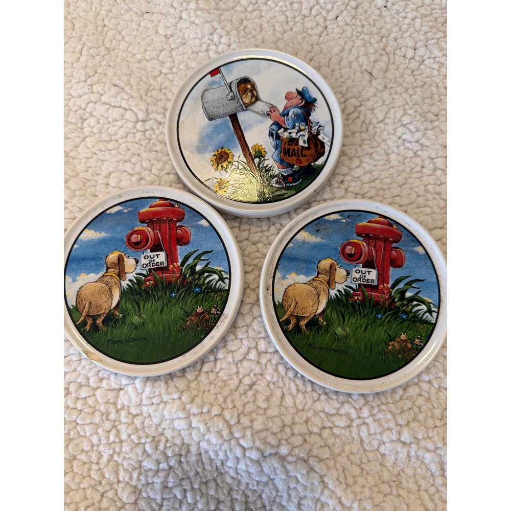 Gary Patterson Clay Design Ceramic Coasters Set of 3 Humorous Dog Mailman White